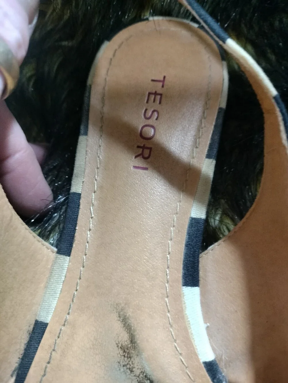 Tesori Black and Cream Striped Pointed Slingback Flats